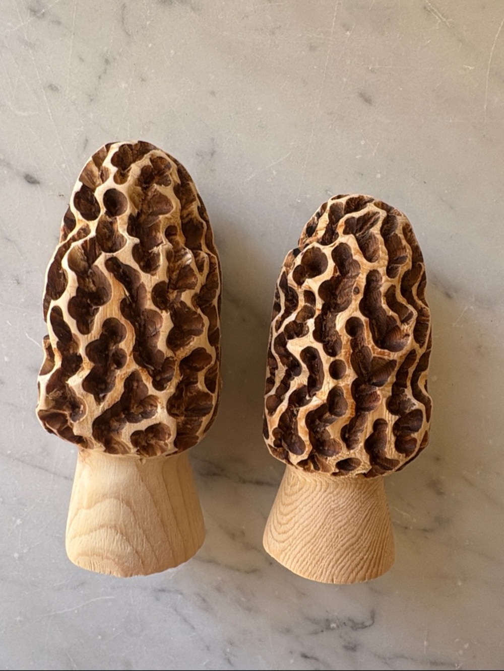 Handcrafted Wooden Morel Mushroom Duo - Natural Brown - Picture 2 of 3